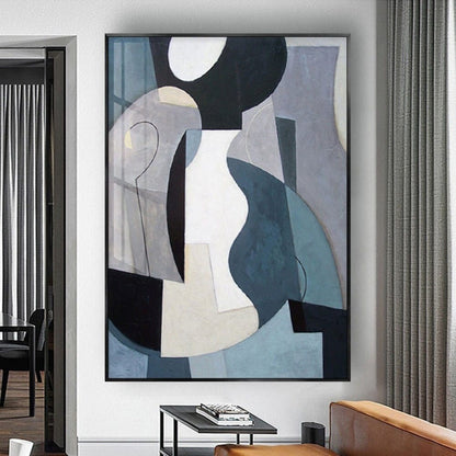 Room mockup. Large blue-grey, black, white and cream curved geometric shapes overlap fine outlined loops.