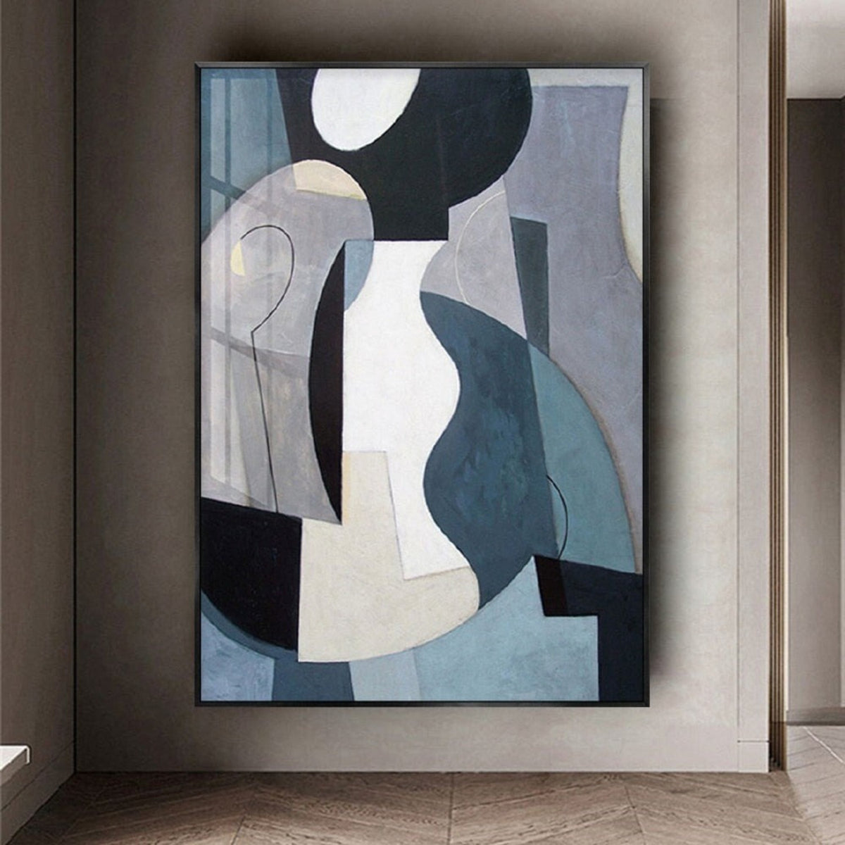 Room mockup. Large blue-grey, black, white and cream curved geometric shapes overlap fine outlined loops.