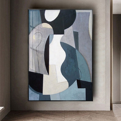 Room mockup. Large blue-grey, black, white and cream curved geometric shapes overlap fine outlined loops.