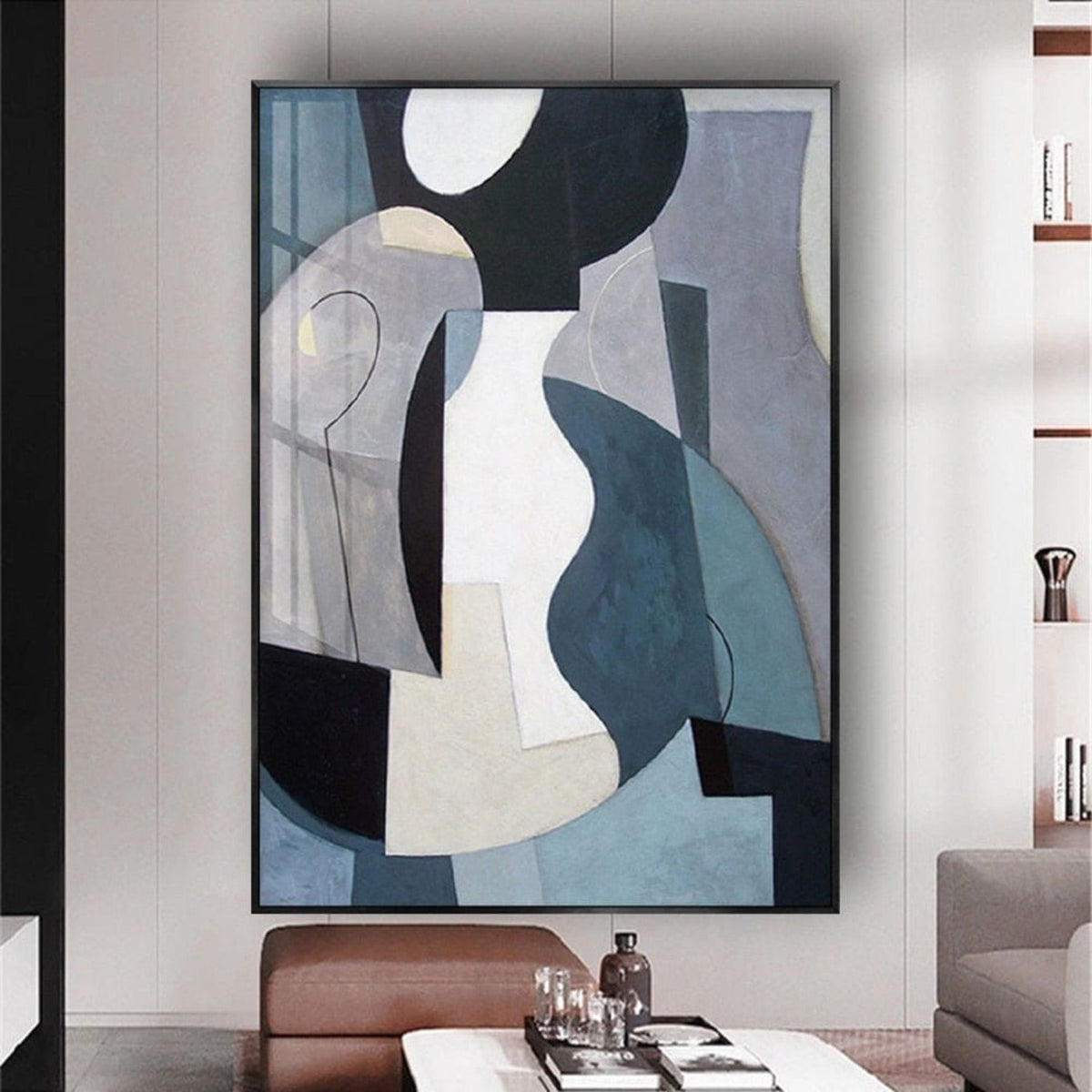 Room mockup. Large blue-grey, black, white and cream curved geometric shapes overlap fine outlined loops.