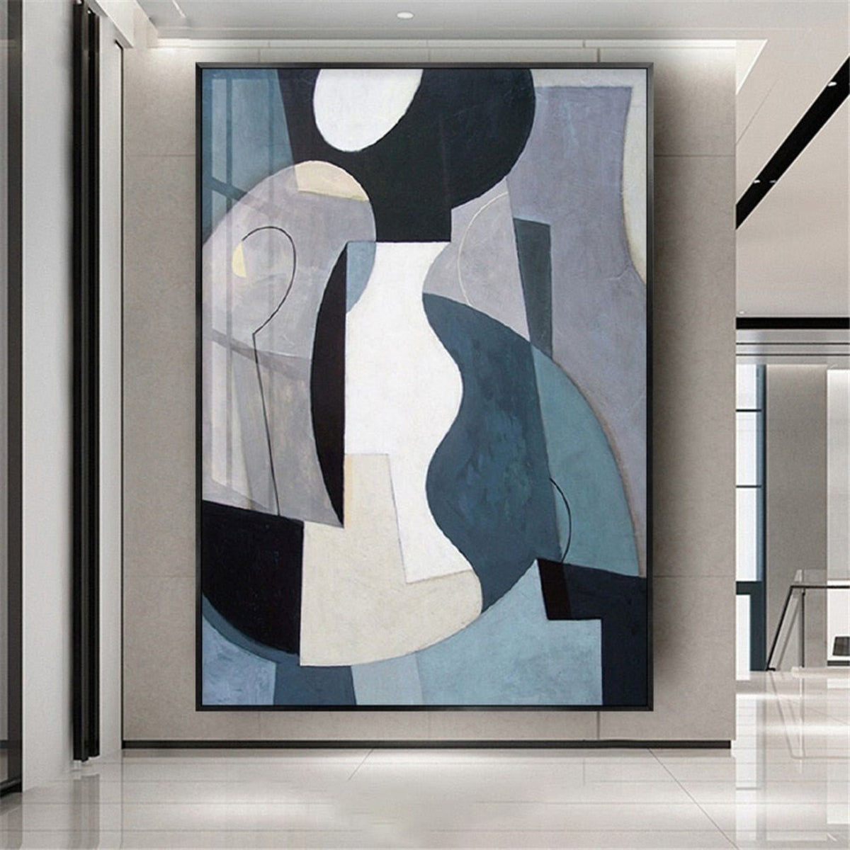Room mockup. Large blue-grey, black, white and cream curved geometric shapes overlap fine outlined loops.
