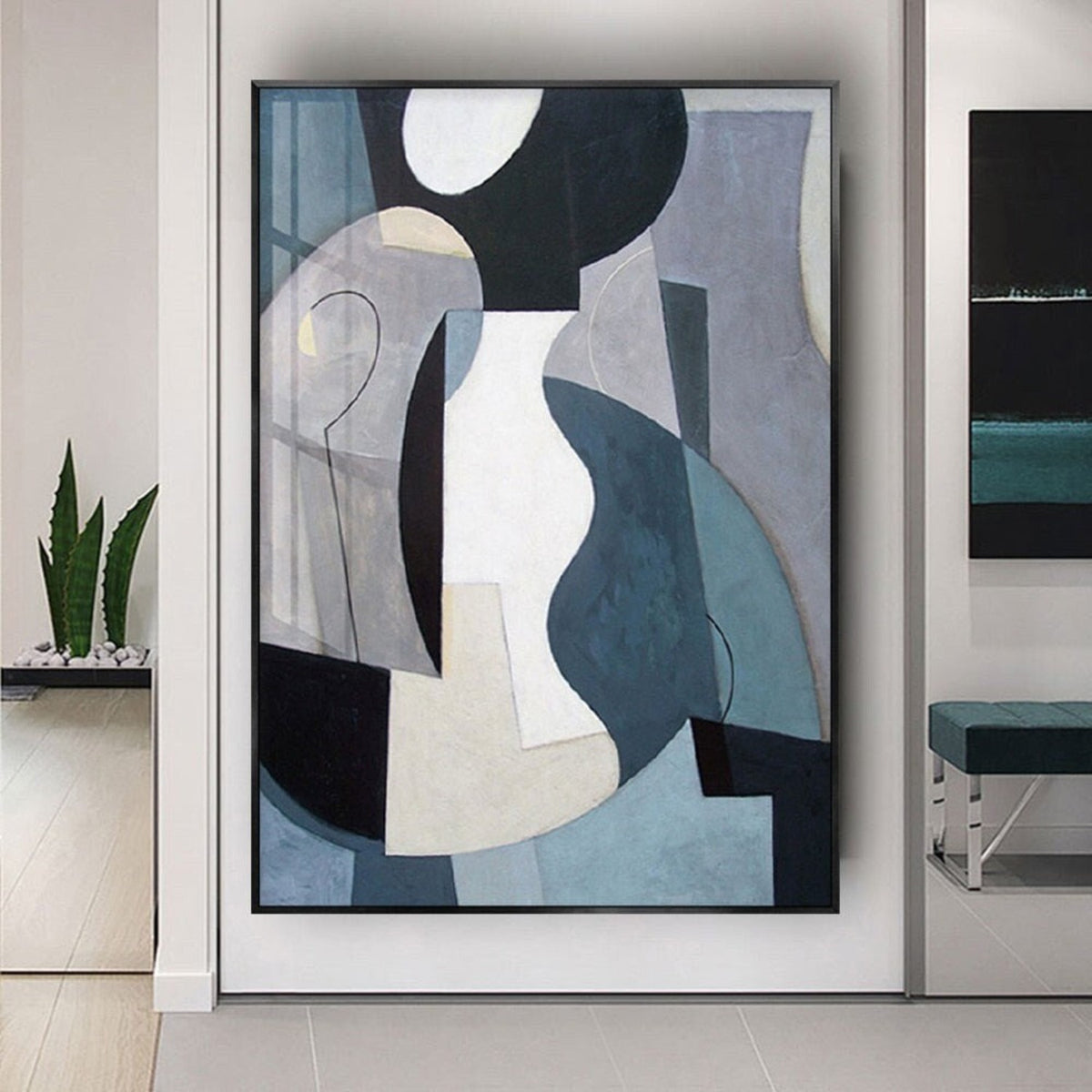 Room mockup. Large blue-grey, black, white and cream curved geometric shapes overlap fine outlined loops.
