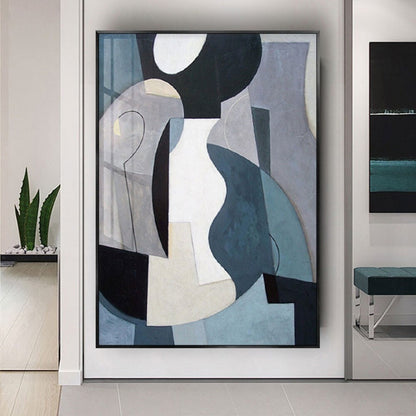 Room mockup. Large blue-grey, black, white and cream curved geometric shapes overlap fine outlined loops.