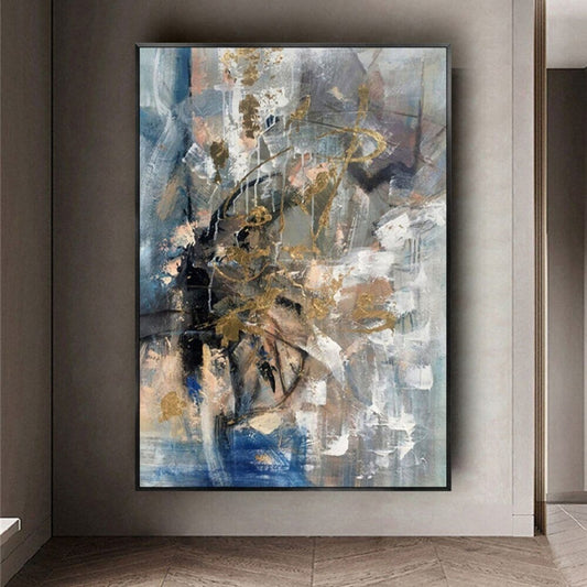 Room mockup. Layered blue-grey and white strokes crossed by black gestural marks and loose ochre loops.
