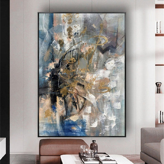 Room mockup. Layered blue-grey and white strokes crossed by black gestural marks and loose ochre loops.