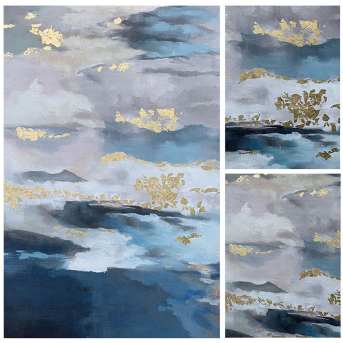 Close-up. Layered blue, grey and white cloud-like bands with scattered gold-coloured patches above deep blue lower strokes.