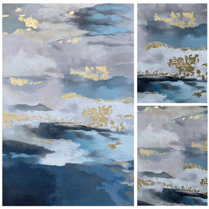 Close-up. Layered blue, grey and white cloud-like bands with scattered gold-coloured patches above deep blue lower strokes.