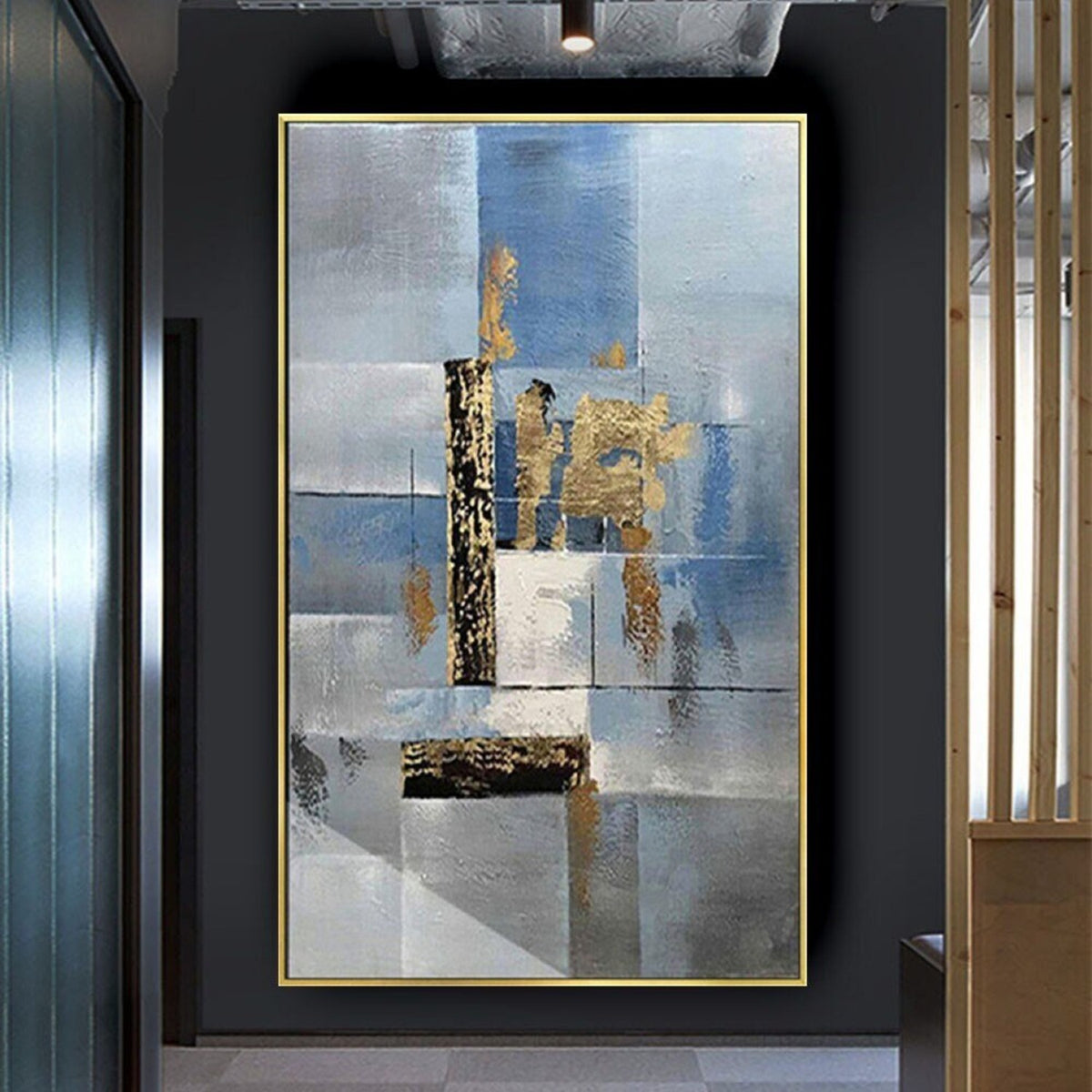Room mockup. Pale blue and grey rectangular fields overlap a narrow black vertical strip and rough gold-coloured patches.