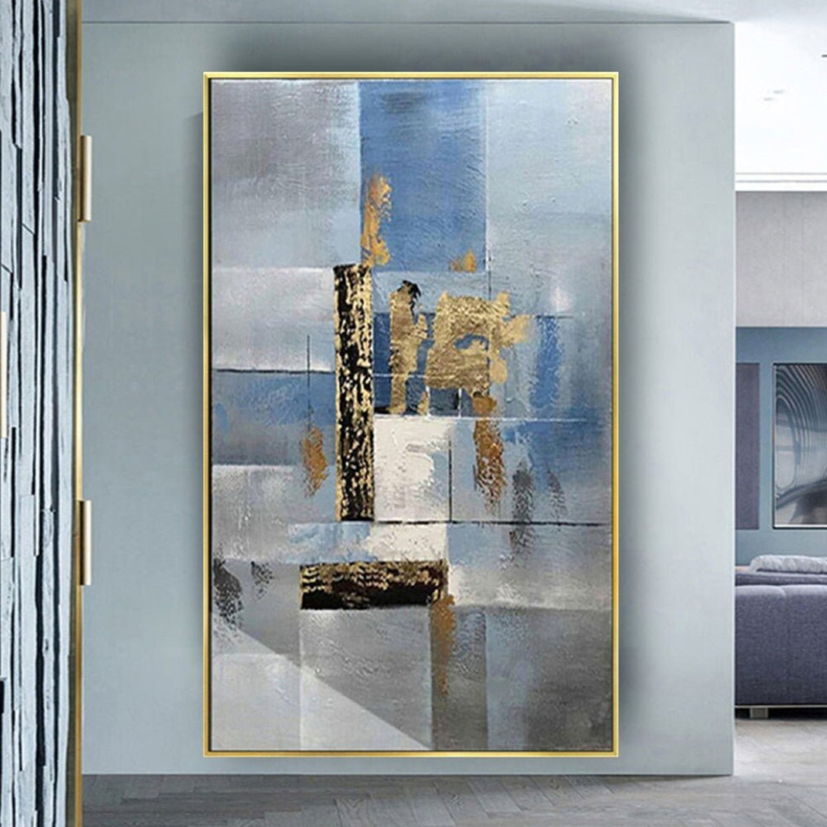 Room mockup. Pale blue and grey rectangular fields overlap a narrow black vertical strip and rough gold-coloured patches.