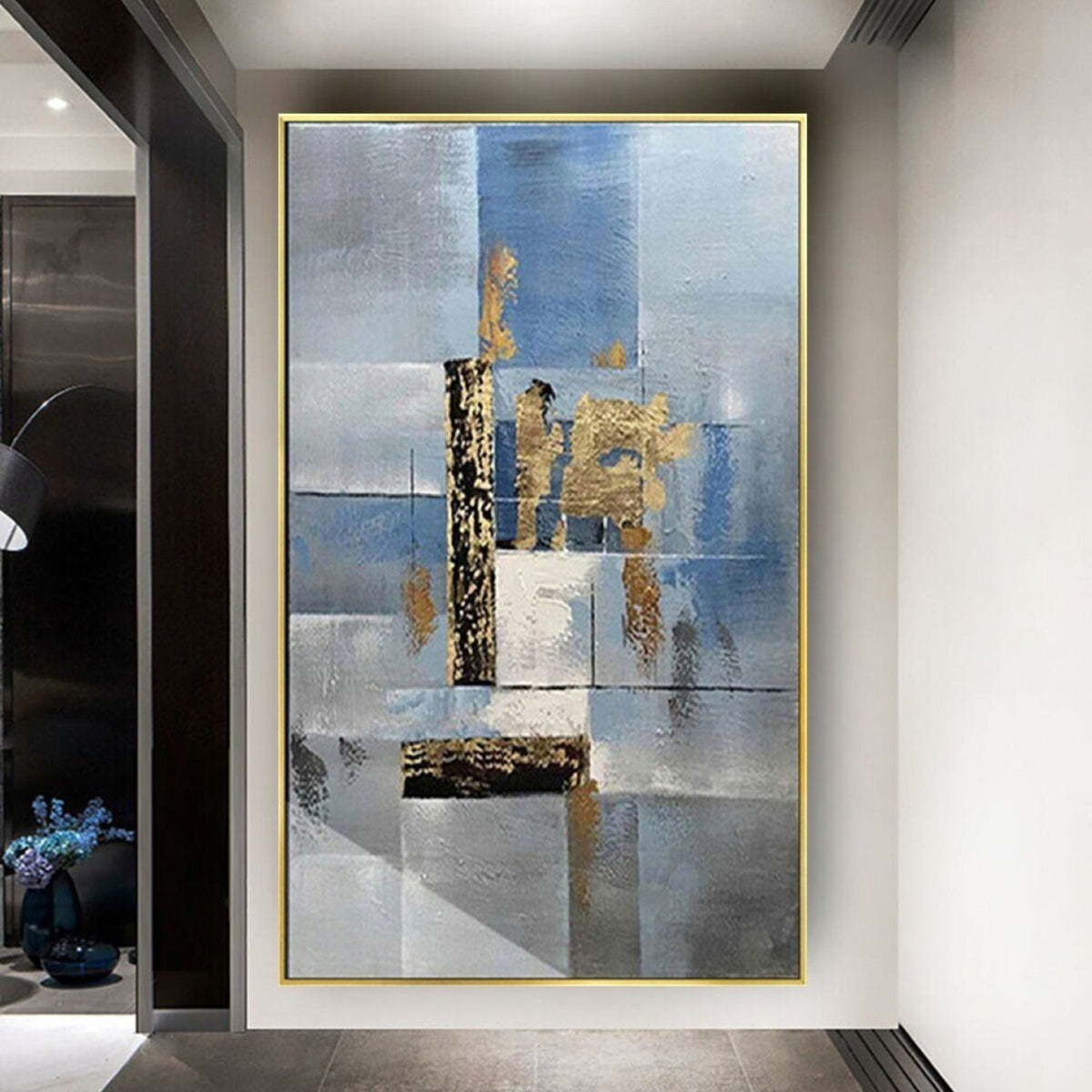 Room mockup. Pale blue and grey rectangular fields overlap a narrow black vertical strip and rough gold-coloured patches.