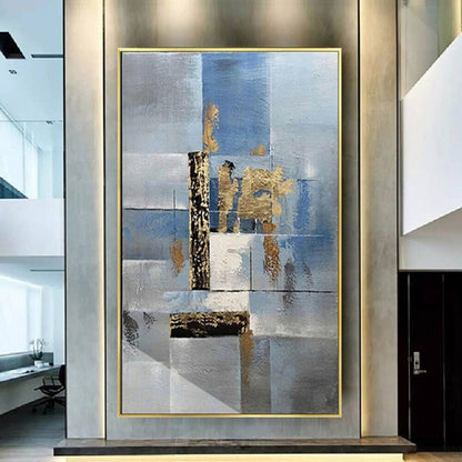 Room mockup. Pale blue and grey rectangular fields overlap a narrow black vertical strip and rough gold-coloured patches.
