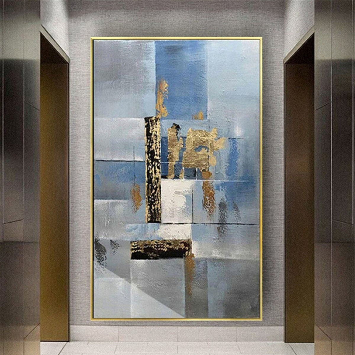 Room mockup. Pale blue and grey rectangular fields overlap a narrow black vertical strip and rough gold-coloured patches.