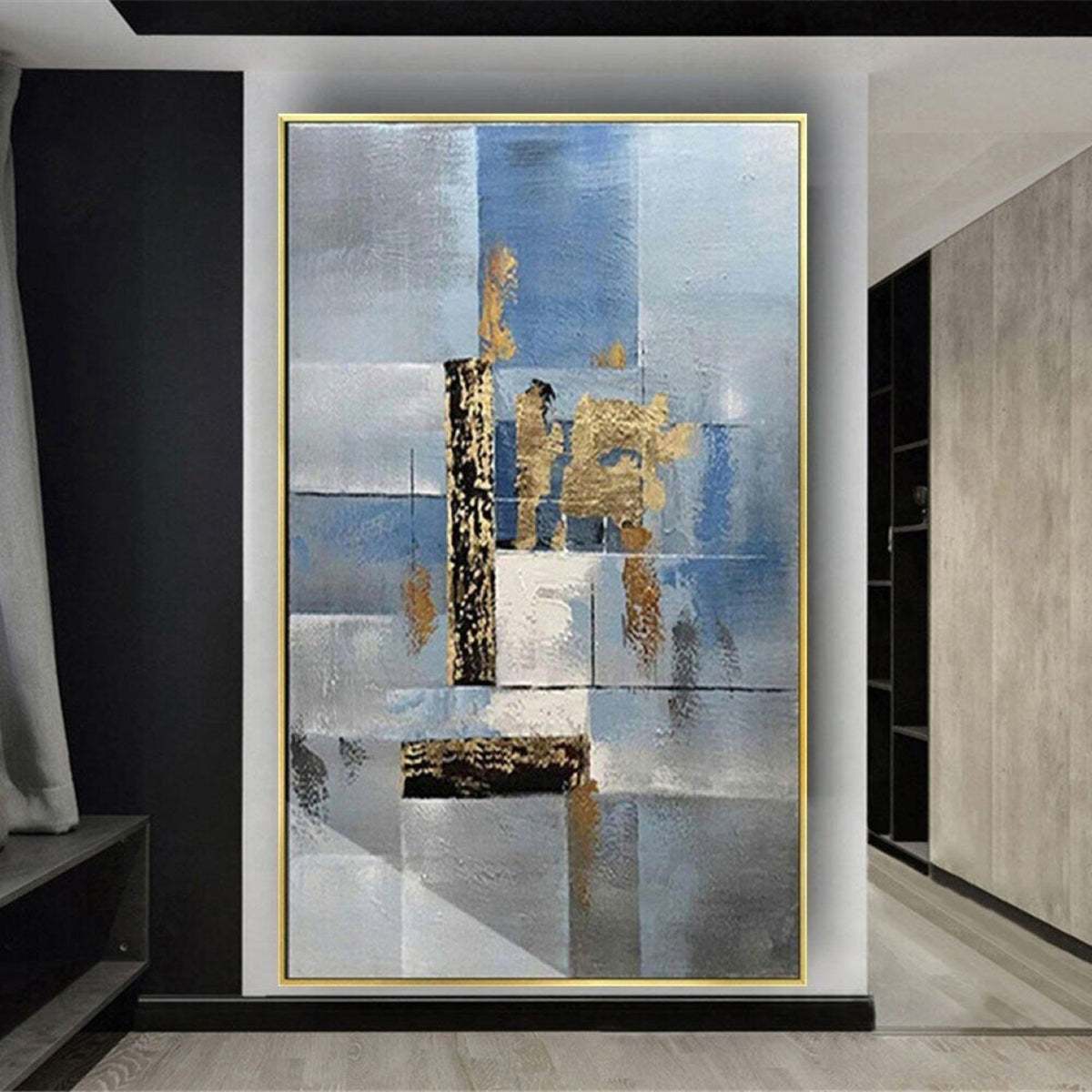 Room mockup. Pale blue and grey rectangular fields overlap a narrow black vertical strip and rough gold-coloured patches.
