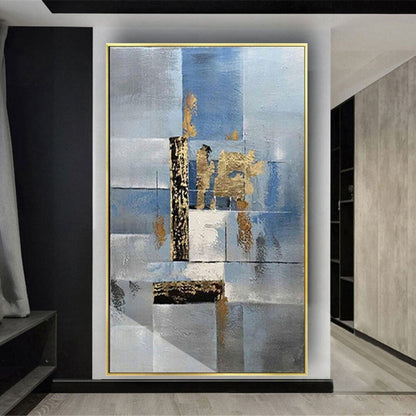 Room mockup. Pale blue and grey rectangular fields overlap a narrow black vertical strip and rough gold-coloured patches.