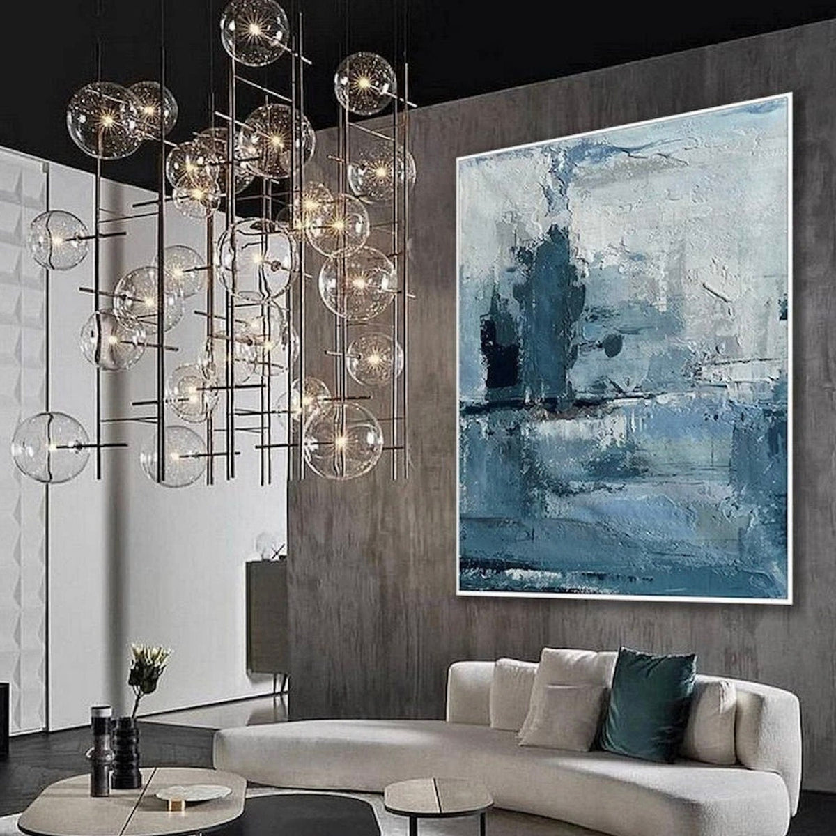 Room mockup. Pale grey and white textured strokes surround a dark blue vertical cluster and muted blue horizontal bands below.