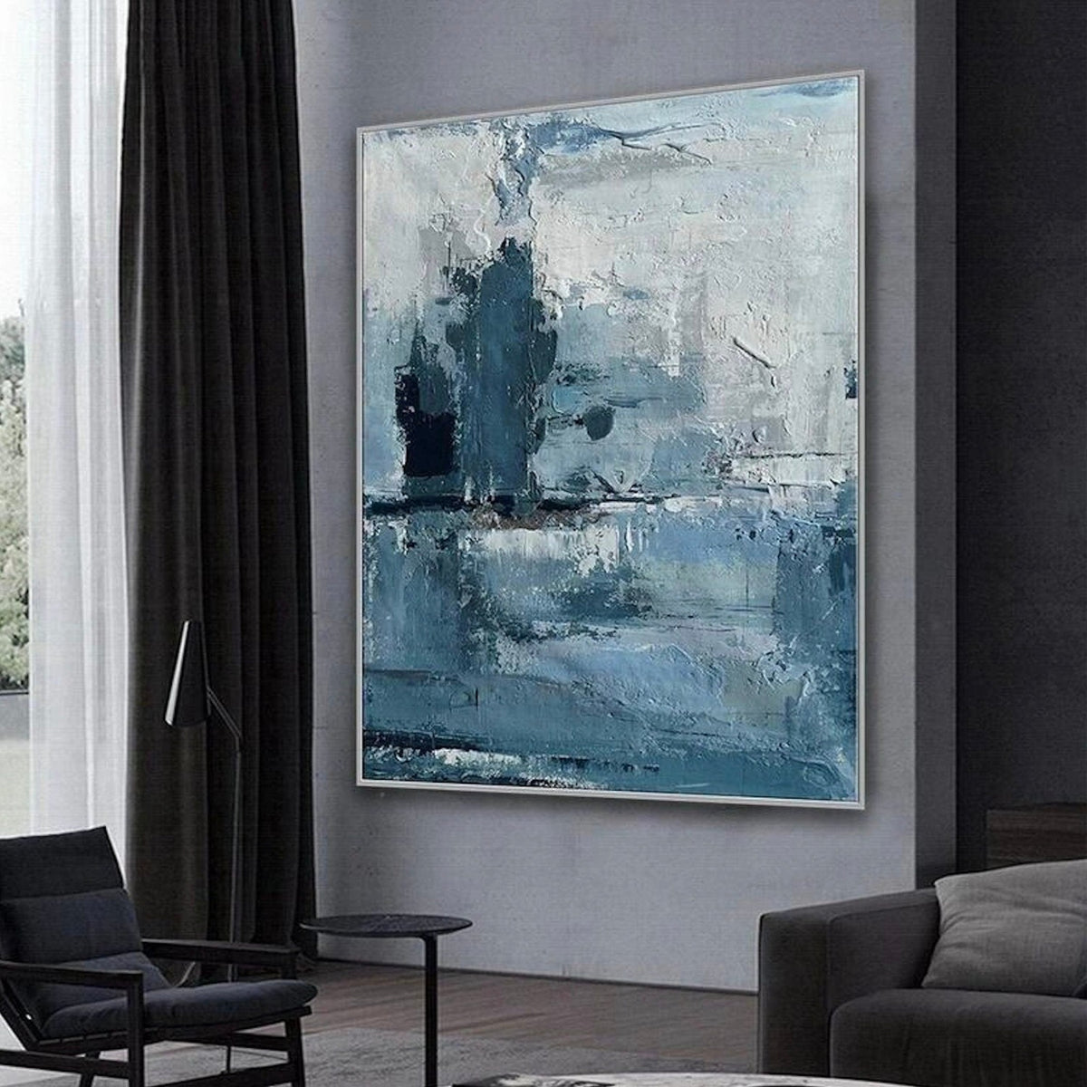 Room mockup. Pale grey and white textured strokes surround a dark blue vertical cluster and muted blue horizontal bands below.