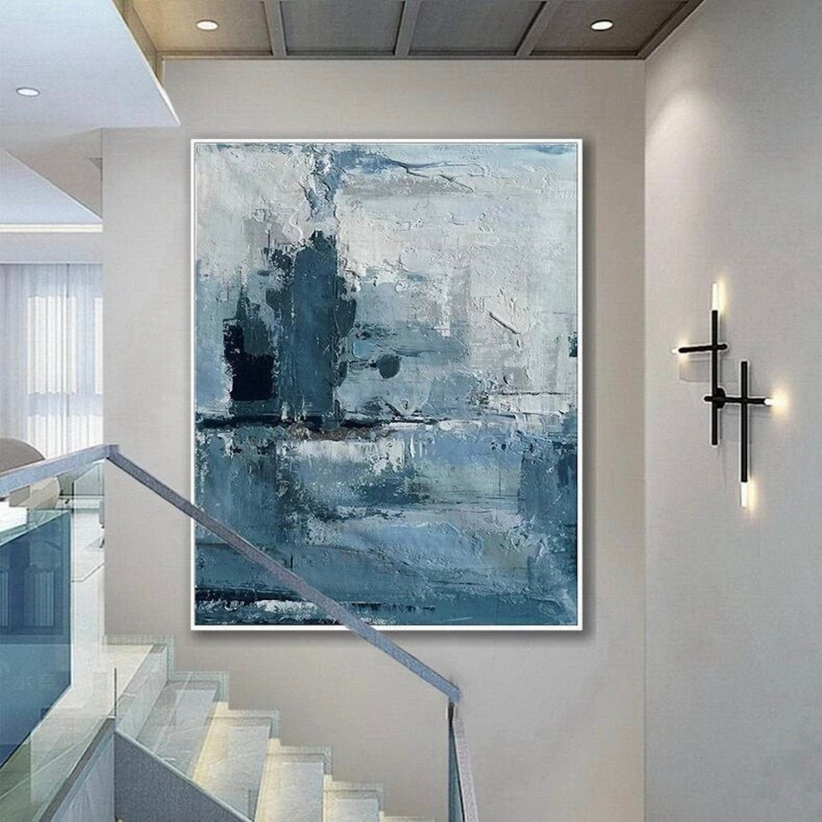 Room mockup. Pale grey and white textured strokes surround a dark blue vertical cluster and muted blue horizontal bands below.