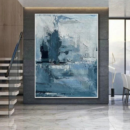 Room mockup. Pale grey and white textured strokes surround a dark blue vertical cluster and muted blue horizontal bands below.