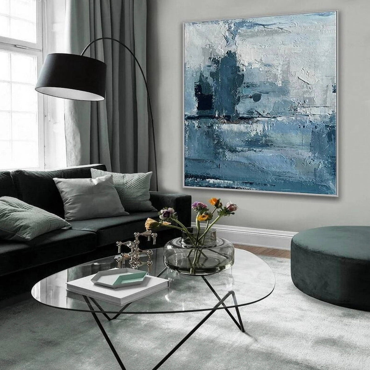 Room mockup. Pale grey and white textured strokes surround a dark blue vertical cluster and muted blue horizontal bands below.
