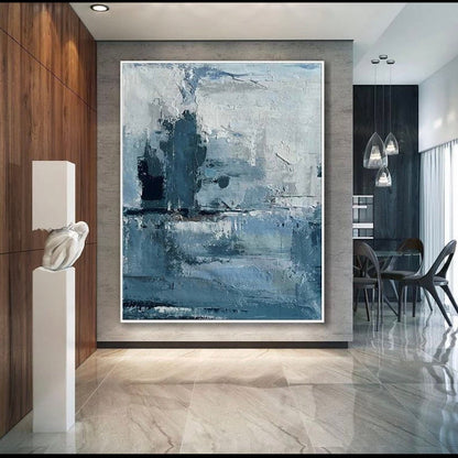 Room mockup. Pale grey and white textured strokes surround a dark blue vertical cluster and muted blue horizontal bands below.