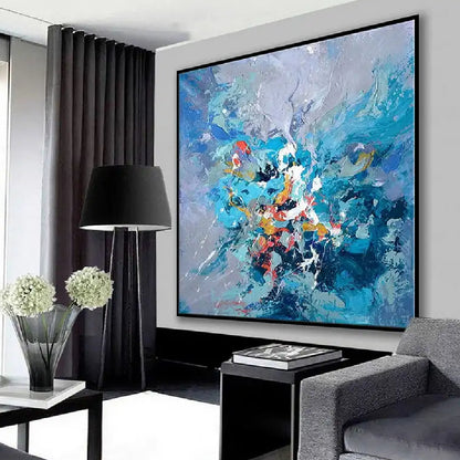 Room mockup showing blue and lavender abstract with a concentrated burst of turquoise, white, red and orange marks near the centre.