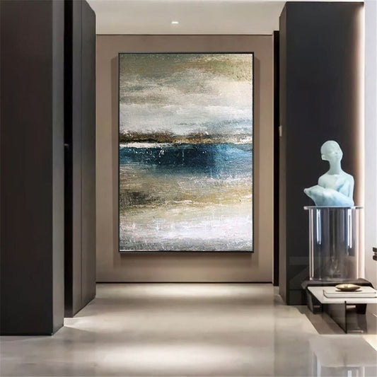 Room mockup. A dark blue horizontal water-like band between soft grey, cream and ochre textured fields.