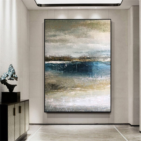 Room mockup. A dark blue horizontal water-like band between soft grey, cream and ochre textured fields.
