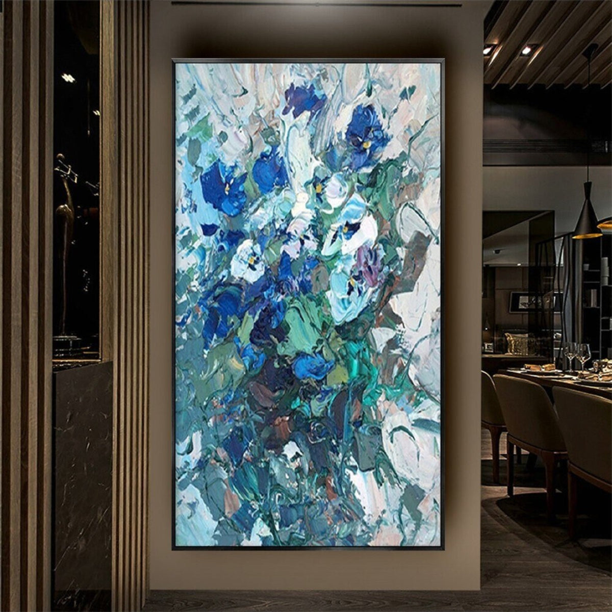 Room mockup. Dense blue and turquoise flower-like dabs with grey stems and white textured strokes on a pale ground.