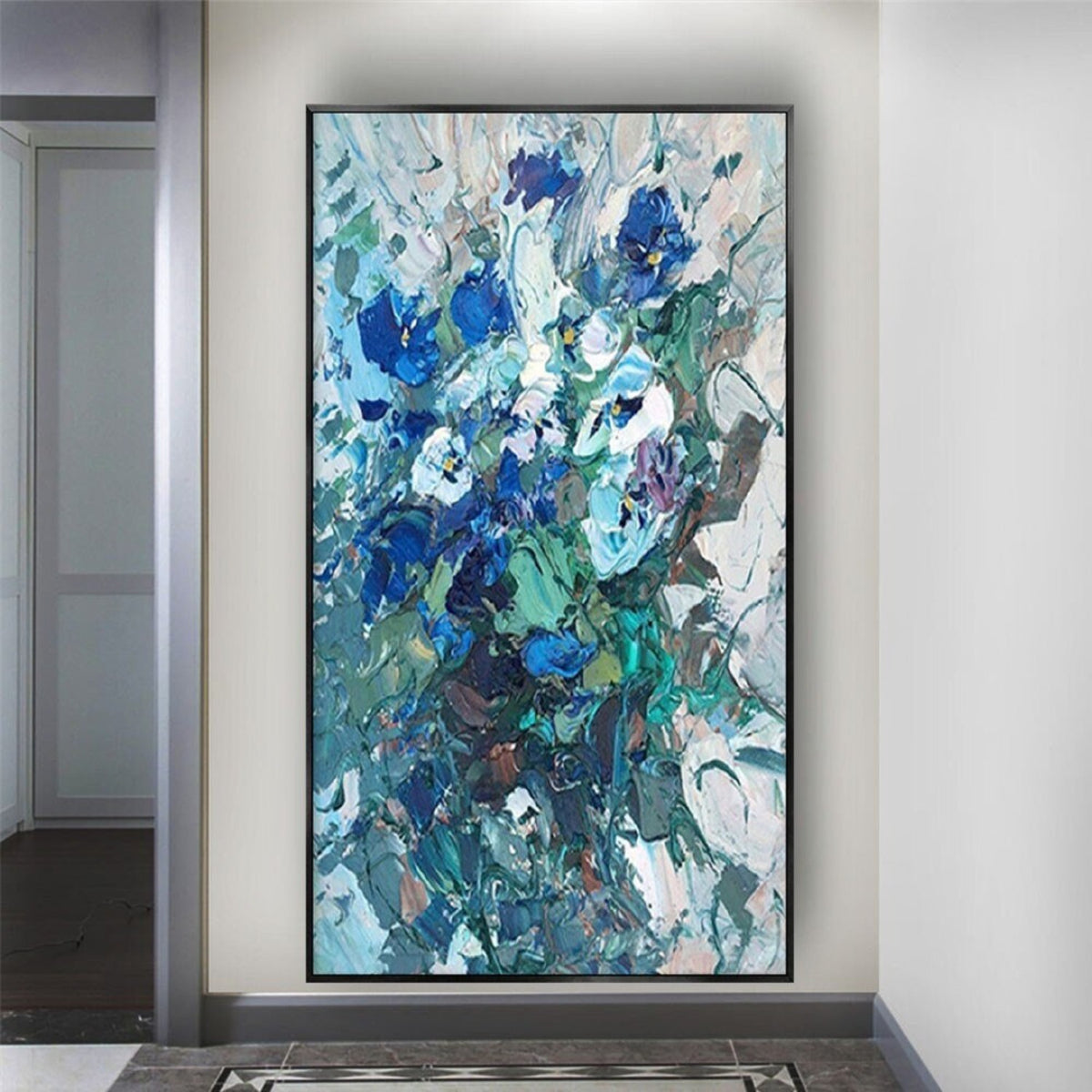 Room mockup. Dense blue and turquoise flower-like dabs with grey stems and white textured strokes on a pale ground.
