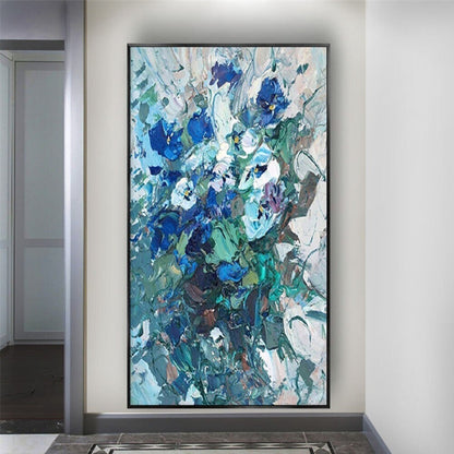 Room mockup. Dense blue and turquoise flower-like dabs with grey stems and white textured strokes on a pale ground.