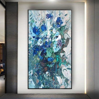 Room mockup. Dense blue and turquoise flower-like dabs with grey stems and white textured strokes on a pale ground.