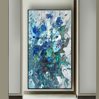 Room mockup. Dense blue and turquoise flower-like dabs with grey stems and white textured strokes on a pale ground.