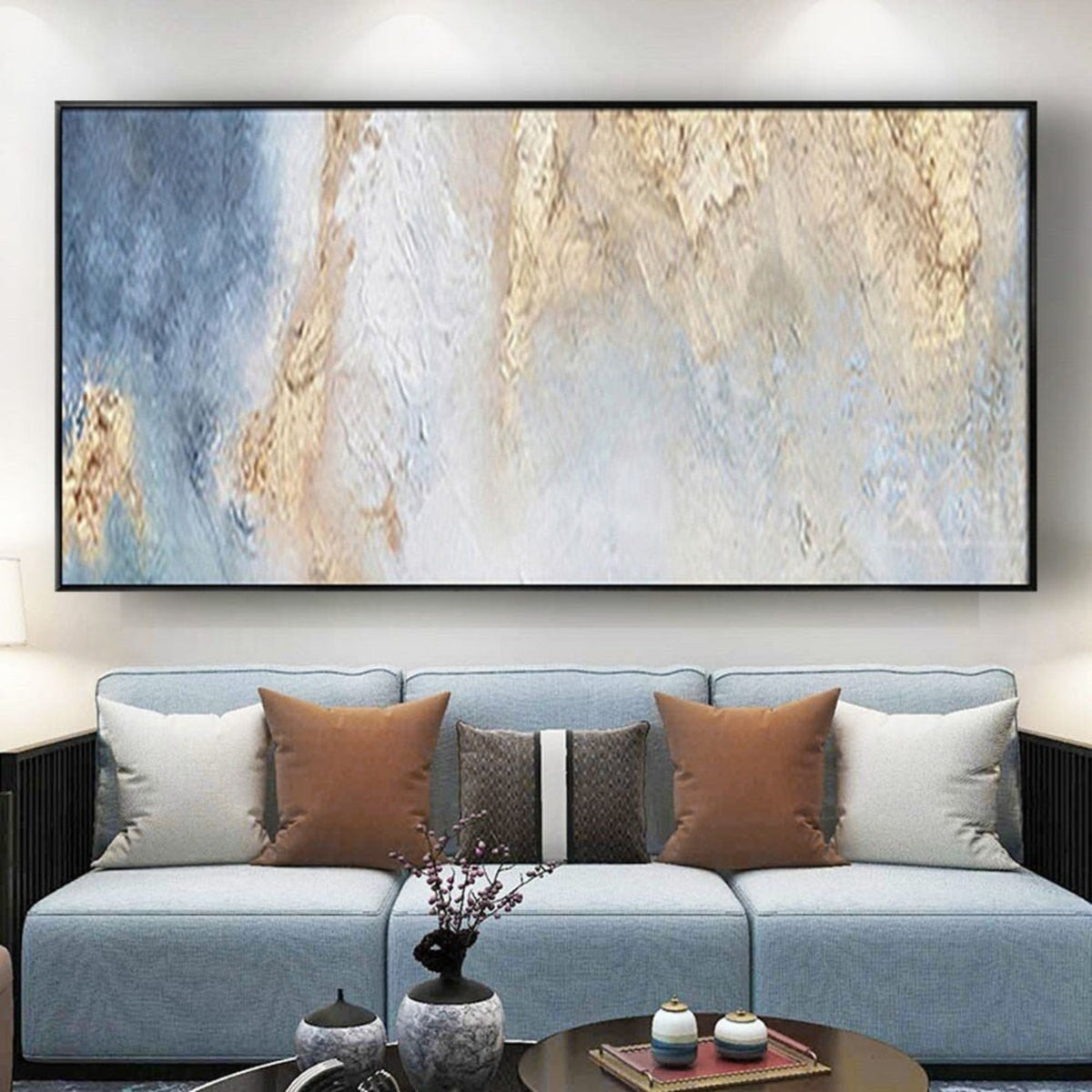 Room mockup. Soft blue and white vertical textured fields with rough gold-coloured patches concentrated toward an upper edge.