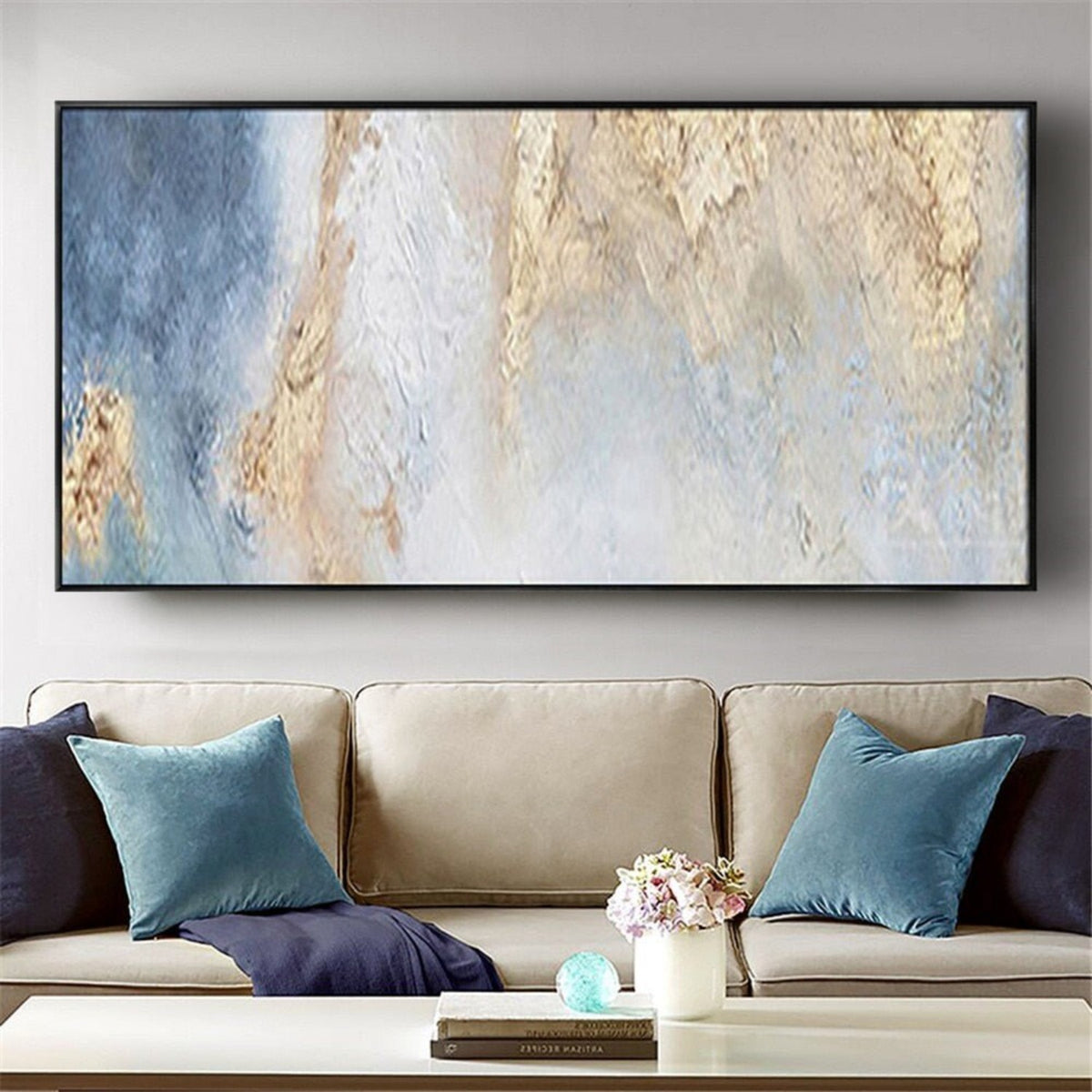 Room mockup. Soft blue and white vertical textured fields with rough gold-coloured patches concentrated toward an upper edge.