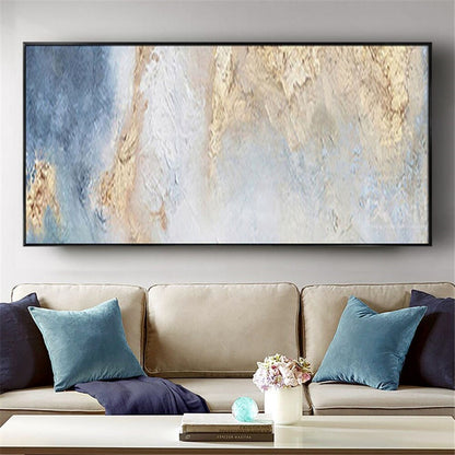 Room mockup. Soft blue and white vertical textured fields with rough gold-coloured patches concentrated toward an upper edge.