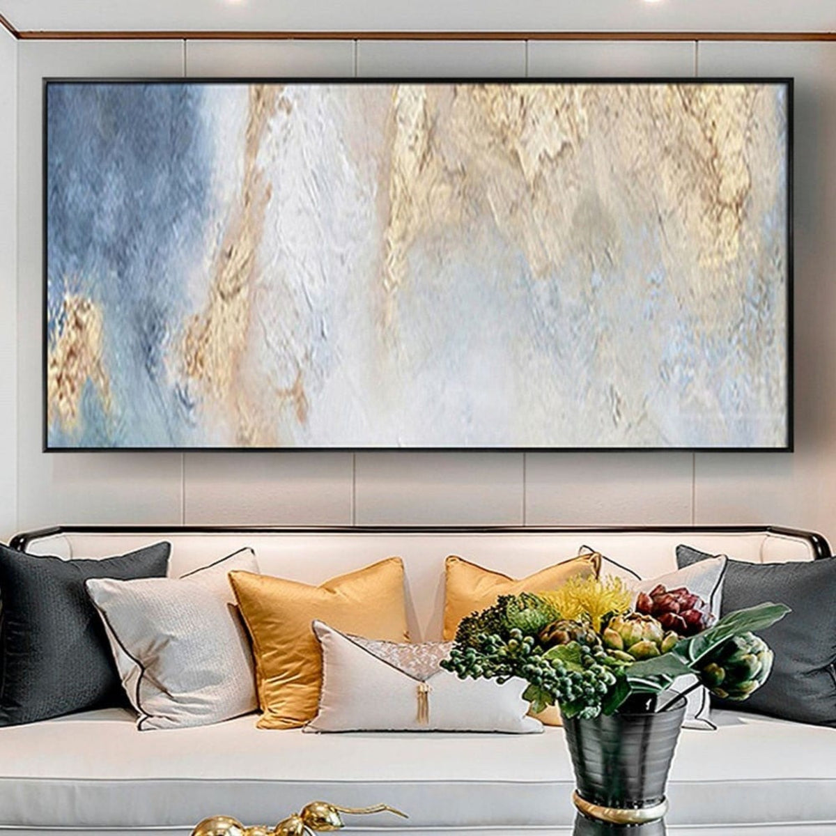 Room mockup. Soft blue and white vertical textured fields with rough gold-coloured patches concentrated toward an upper edge.