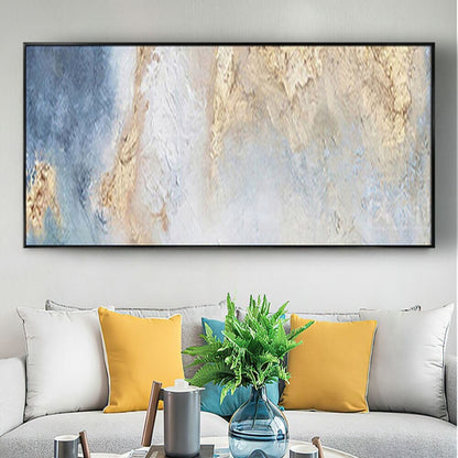 Room mockup. Soft blue and white vertical textured fields with rough gold-coloured patches concentrated toward an upper edge.