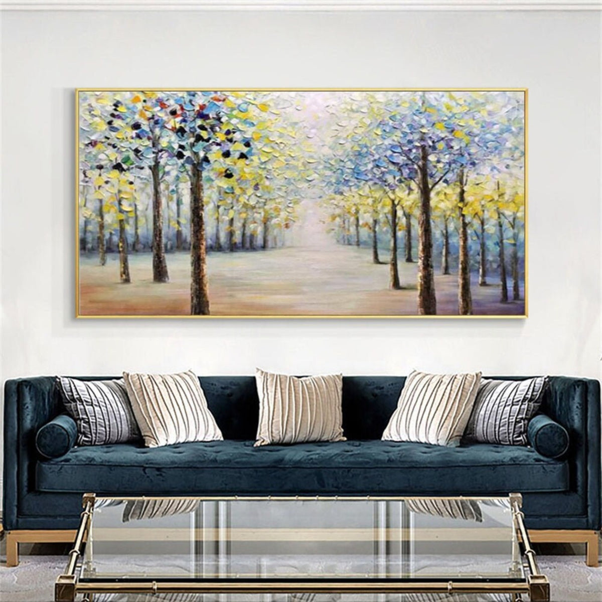 Room mockup. Two rows of dark trees with blue, white and yellow foliage border a pale path receding into a bright misty centre.