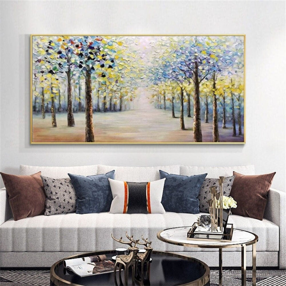 Room mockup. Two rows of dark trees with blue, white and yellow foliage border a pale path receding into a bright misty centre.
