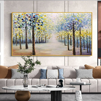 Room mockup. Two rows of dark trees with blue, white and yellow foliage border a pale path receding into a bright misty centre.