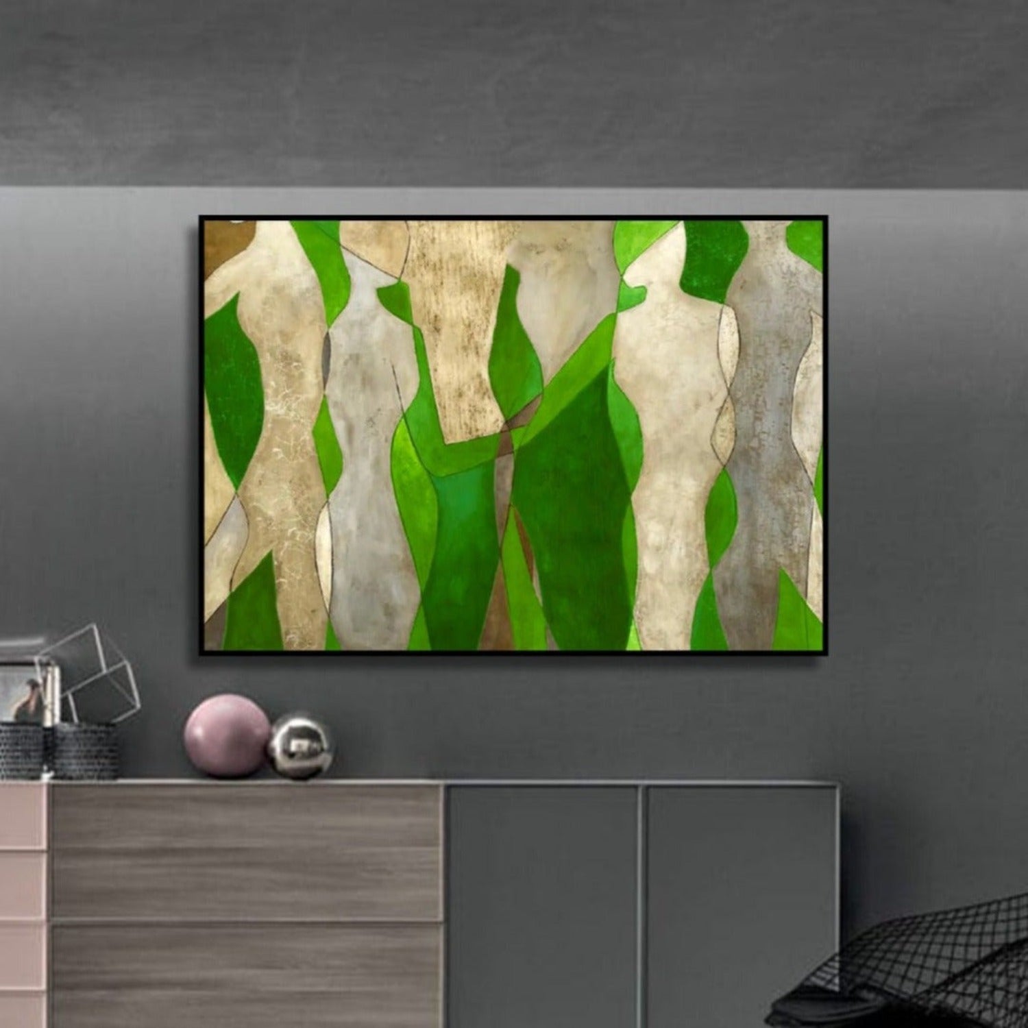 Bright Green & Gold Figures Abstract Oil Painting