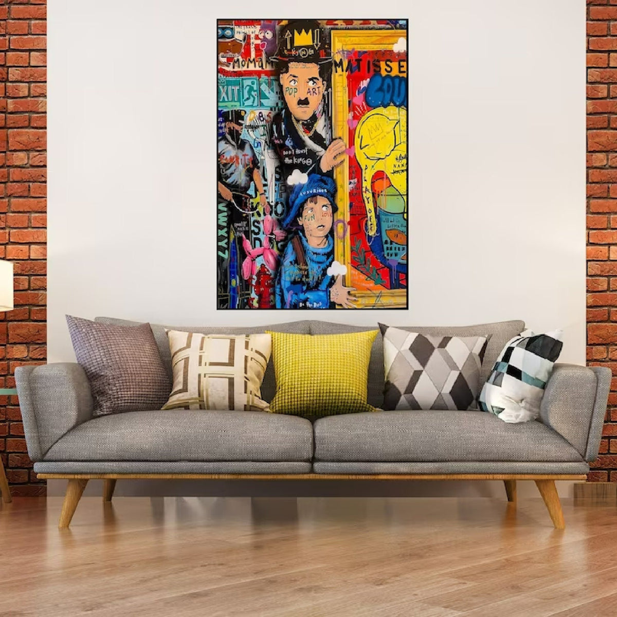 Room mockup. Charlie Chaplin and a child in blue amid red, yellow and black graffiti lettering and graphic patches.