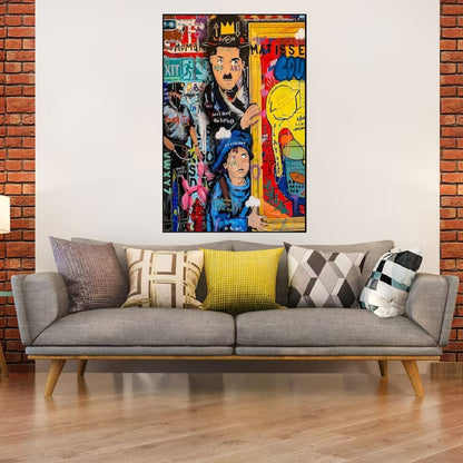 Room mockup. Charlie Chaplin and a child in blue amid red, yellow and black graffiti lettering and graphic patches.