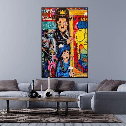 Room mockup. Charlie Chaplin and a child in blue amid red, yellow and black graffiti lettering and graphic patches.