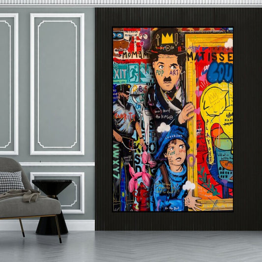 Room mockup. Charlie Chaplin and a child in blue amid red, yellow and black graffiti lettering and graphic patches.