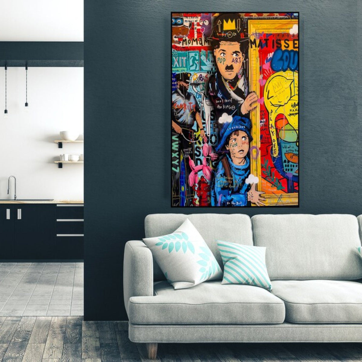 Room mockup. Charlie Chaplin and a child in blue amid red, yellow and black graffiti lettering and graphic patches.