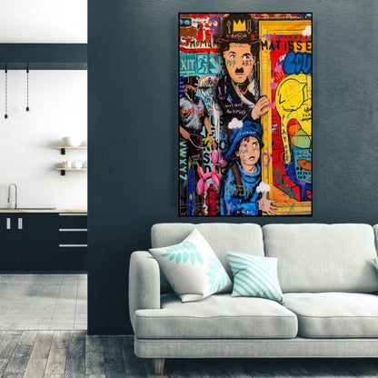 Room mockup. Charlie Chaplin and a child in blue amid red, yellow and black graffiti lettering and graphic patches.