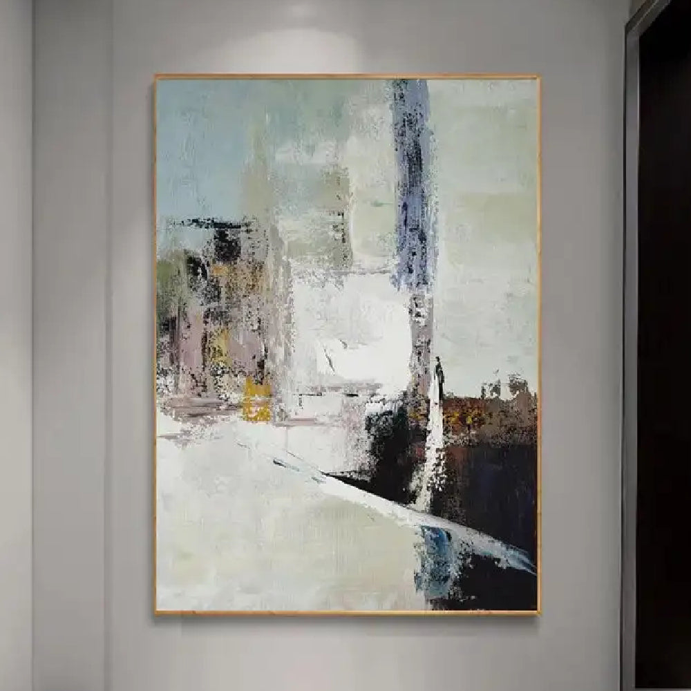 Room mockup showing cream abstract painting with pale blue-grey blocks, a tall dark streak and black and brown angular lower shapes.