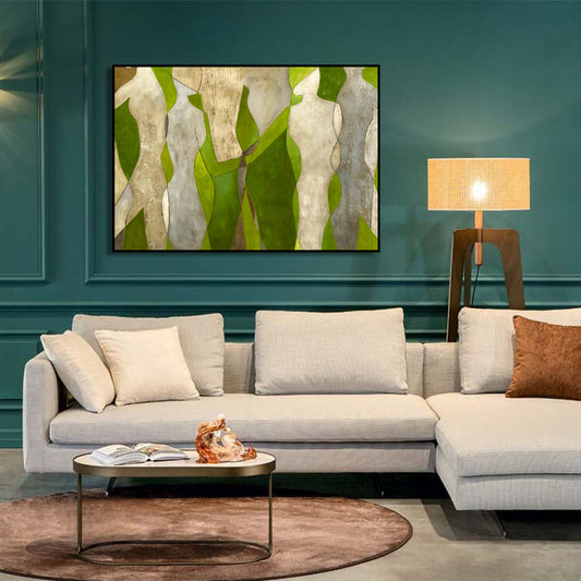 Room mockup showing cream abstract figures with angular bodies against bright green and olive shapes.