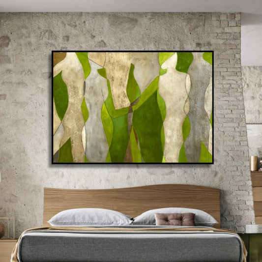 Room mockup showing cream abstract figures with angular bodies against bright green and olive shapes.